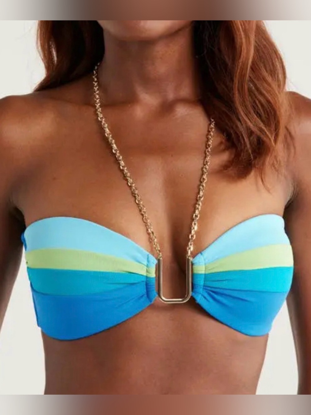 NEW ROBIN PICCONE BLUE KEELEY CHAIN STRAP STRIPED BANDEAU BIKINI SWIMSUIT TOP M